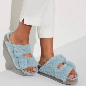 Birkenstock Papillio Arizona Big Buckle Shearling Sandals Faded Aqua Size 7